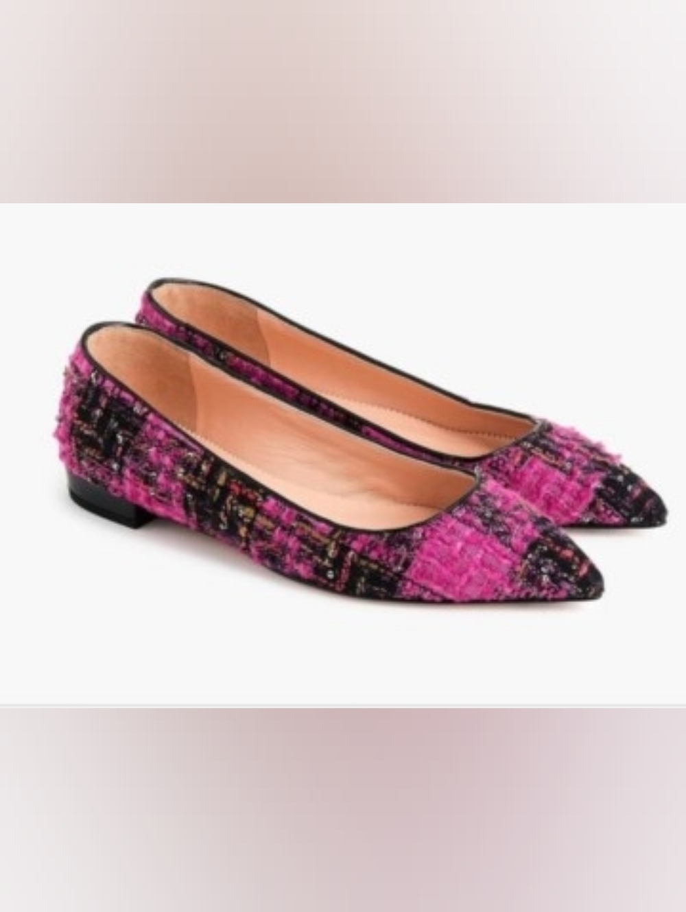 J.Crew Pointed-Toe Ballet Flats Fresh Berry Pink Black Tweed Sequin Textured
